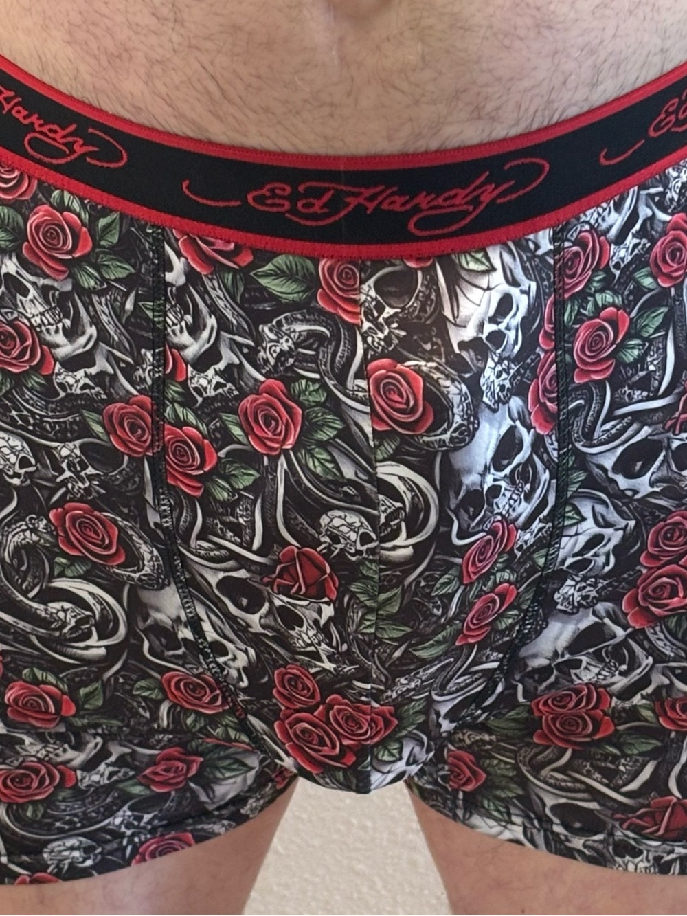 Ed Hardy Black & Red Skull Rose Waistband Boxer Briefs